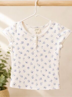 Girls' Cream Short-Sleeve Ribbed Henley Tee with Blue Floral Print